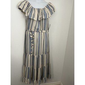 Nostalgia Ruffle Tiered Crepe  Maxi Dress Blue White Large Coastal Beach…